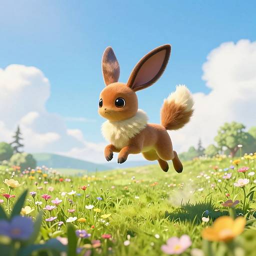 CGI image of a cute, brown, fluffy Eevee with large ears and a bushy tail, leaping joyfully in a vibrant,
