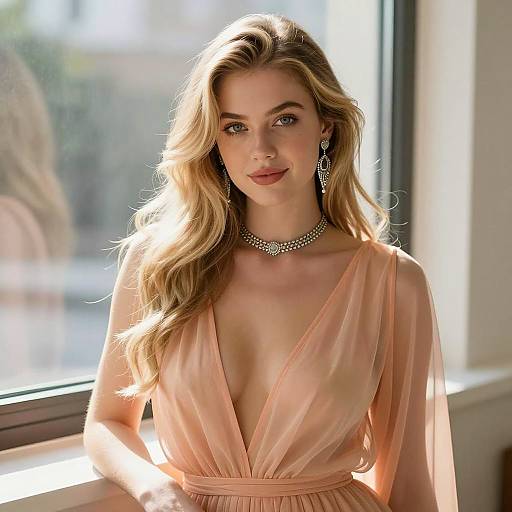 Elegant Woman in Peach Sheer Dress by Window