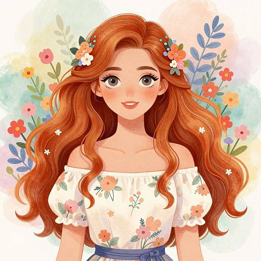 Digital anime-style drawing of a smiling, fair-skinned, red-haired girl with wavy hair, floral headpiece, white off-shoulder floral
