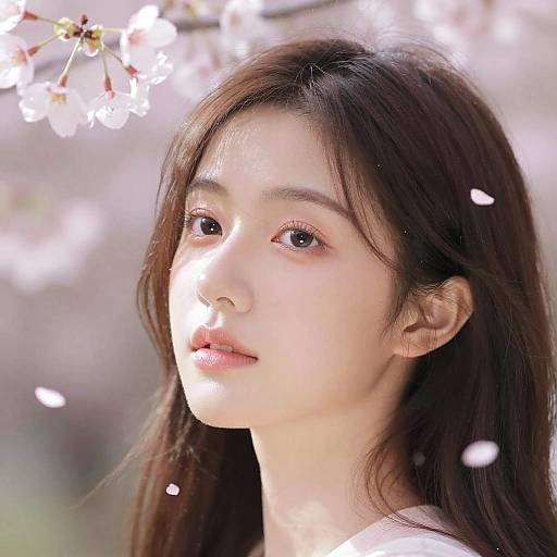 Photograph of a young Asian woman with long brown hair, fair skin, and soft expression, illuminated by cherry blossom petals.