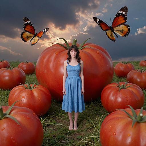Photograph of a woman in a blue dress standing between giant red tomatoes, with two orange and black butterflies flying overhead against a dramatic sunset sky.