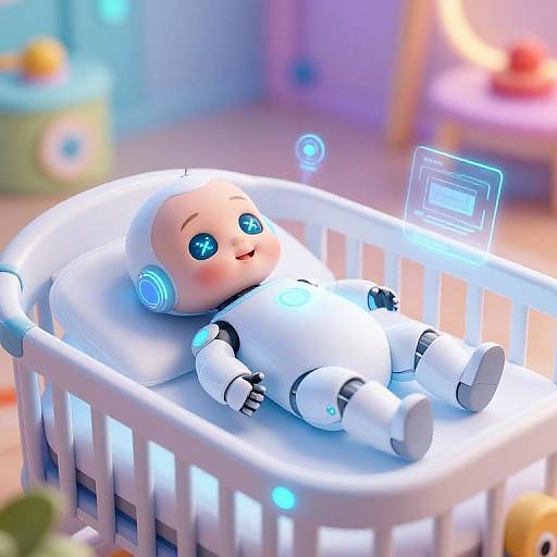 CGI image of a cute, blue-eyed, bald baby robot in a white, glowing crib, with futuristic neon accents, lying down.