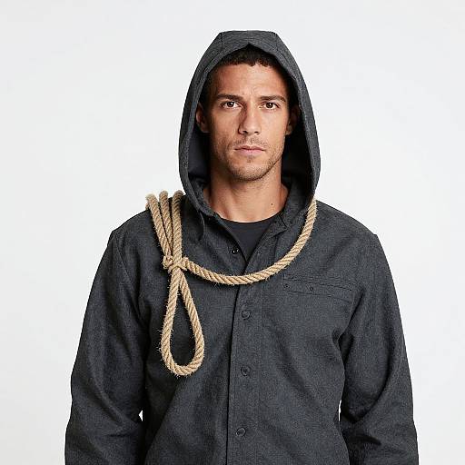 Photograph of a serious-looking, light-skinned man with short dark hair, wearing a black hooded jacket, black shirt, and a beige rope