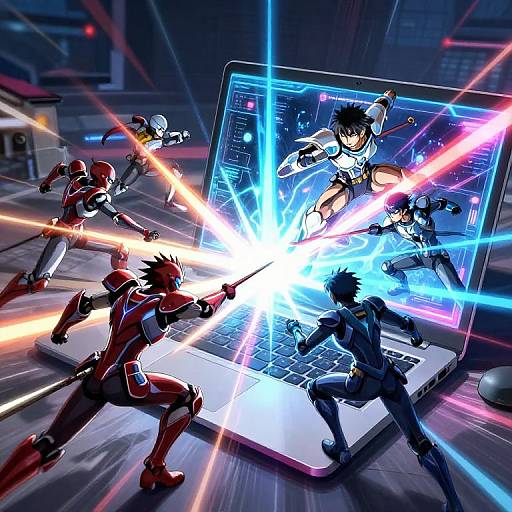 Digital anime artwork: six fighters, four in red and two in black, battle on a glowing laptop screen, surrounded by colorful energy beams.