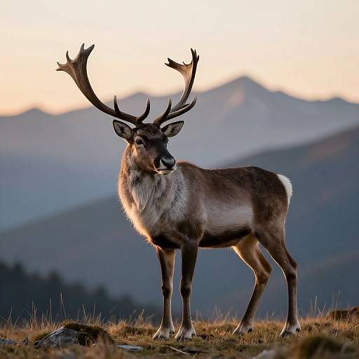 Photograph of a majestic stag with large, branching antlers standing on a grassy hill at sunset, with misty mountains in the background.