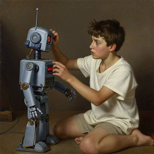 Photograph of a young boy with short brown hair, wearing a white t-shirt and beige shorts, repairing a blue, retro-style robot on a brown