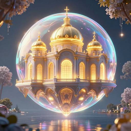 Digital artwork of a glowing, golden, domed church floating inside a luminous, iridescent bubble over a serene, starlit night lake surrounded