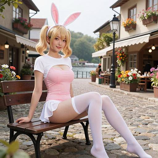 Photograph of a blonde woman in pink bunny cosplay with white thigh-highs, sitting on a wooden bench in a cobblestone European village, with