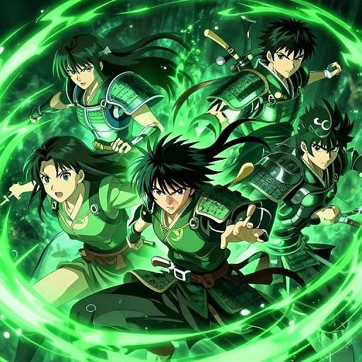 Digital anime artwork of four samurai with black hair, green glowing energy circles, and armor, in dynamic battle poses.