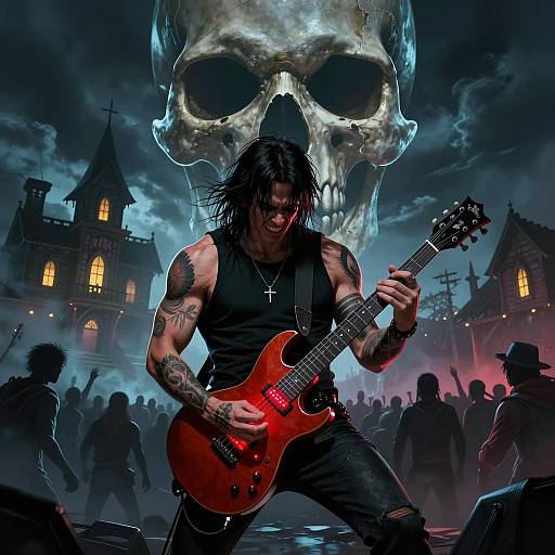 Intense Guitarist with Skull and Haunted House Background
