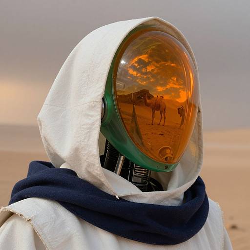Photograph of an astronaut in a white hooded spacesuit with an orange-tinted visor reflecting a desert with camels and sunset.
