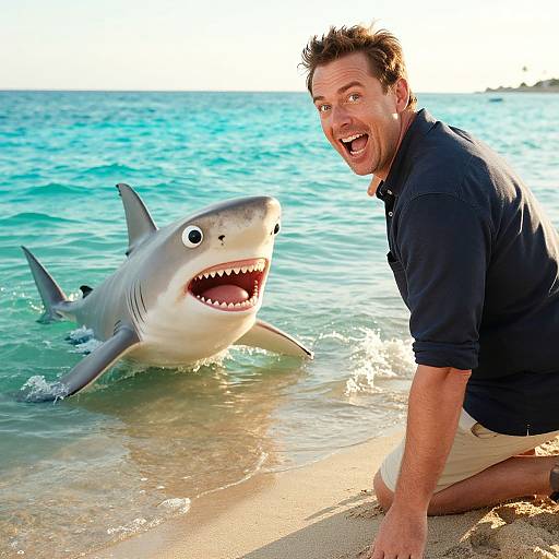Photograph of a smiling man in a black shirt and beige shorts kneeling on a sandy beach next to a cartoonish, smiling shark in the clear turquoise