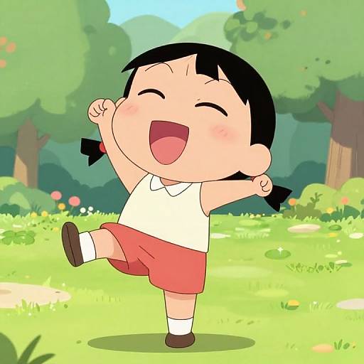 Cartoon of a happy, chubby, Asian girl with black pigtails, wearing a white shirt and red shorts, dancing joyfully in a sunny