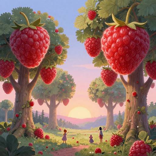 Fantastical digital painting: Giant, glowing red strawberries hang from towering trees in a vibrant, sunlit forest. Two small children stand amidst scattered berries