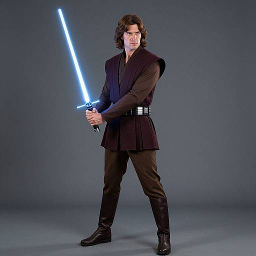 Photograph of a white man with wavy brown hair, wearing a black Jedi robe and holding a glowing blue lightsaber, standing against a gray background