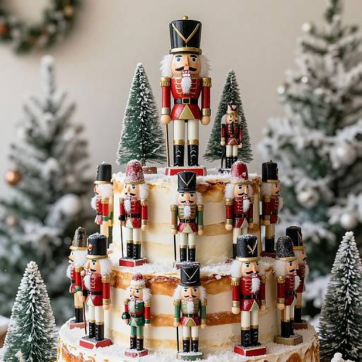 Photograph of a festive Christmas cake adorned with nutcracker soldiers, topped by a larger nutcracker, surrounded by snow-covered, mini pine trees