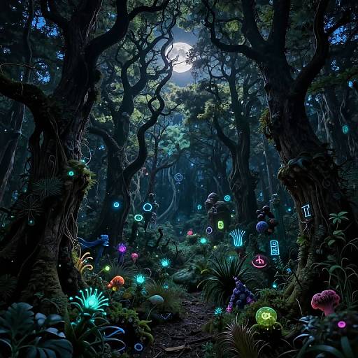 Dreamy, illuminated forest scene with glowing mushrooms, plants, and ethereal lights under a moonlit sky, surrounded by twisted, dark trees.