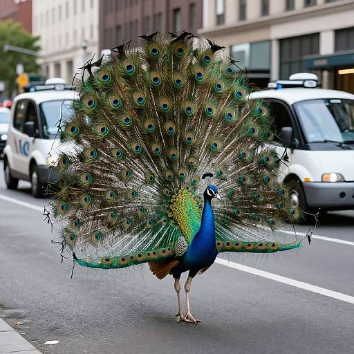 Photograph of a vibrant male peacock with a stunningly spread tail of blue and green feathers, walking on a city street with parked cars and buildings