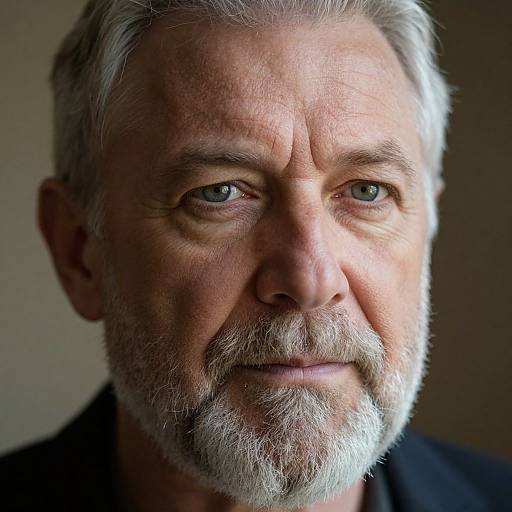 Close-up photograph of an older white man with gray hair and beard, light blue eyes, slight smile, soft lighting, neutral background.