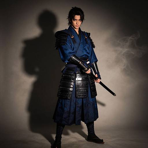 Photograph of a serious, dark-haired male samurai in blue kimono and black armor, holding a katana, with dramatic shadows on a gray