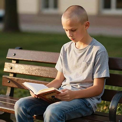 Bald Teen Reading on Bench