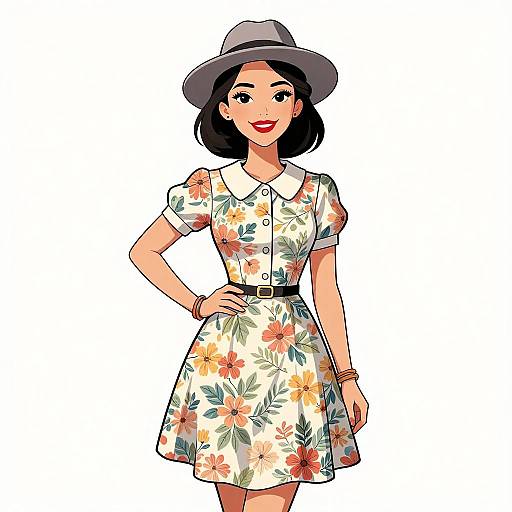 Digital illustration of a smiling Asian woman with black bob haircut, wearing a floral dress, gray hat, and red lipstick.