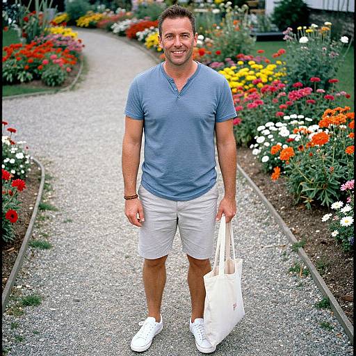 Photograph of a smiling, fit, short-haired man in blue V-neck shirt, white shorts, white sneakers, holding a white tote bag, standing