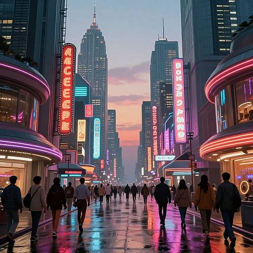 Neon-lit urban street at dusk, crowded pedestrians walking on wet pavement, vibrant red, blue, and pink signs, tall skyscrapers,