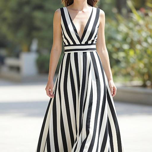 Photograph of a woman in a sleeveless, black-and-white striped, V-neck, floor-length dress, standing outdoors with blurred greenery background.