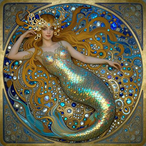 Digital art of a shimmering mermaid with long golden hair, wearing a golden crown, surrounded by blue and gold circular patterns.