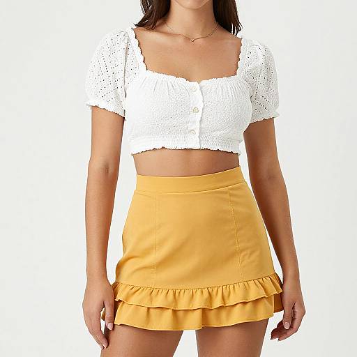 Photograph of a woman with tan skin, wearing a white, short-sleeved, crocheted crop top and a yellow, ruffled mini