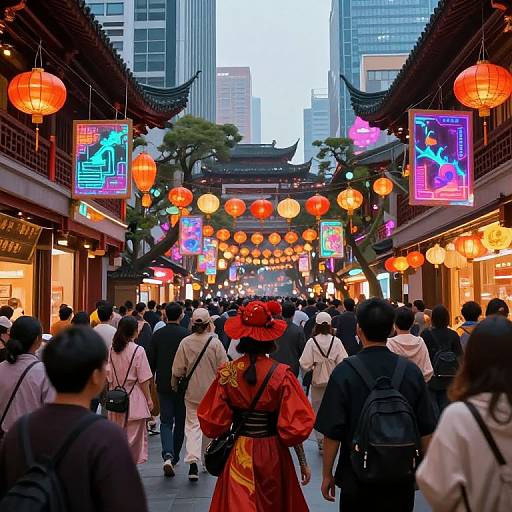 Photograph of a bustling Asian street market at dusk, featuring colorful lanterns, neon signs, traditional and modern clothing, and diverse crowd.