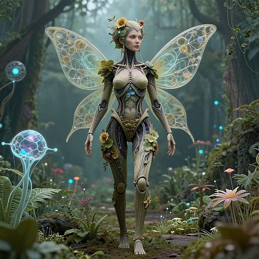 Digital fantasy artwork of a fairy-like woman with intricate, glowing wings, adorned in leafy, metallic armor, walking through a mystical forest illuminated by eth