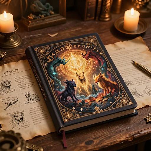 Photograph of a spellbook with a fiery dragon and wolf illustration, surrounded by candles, ancient papers, and ink on a wooden table.