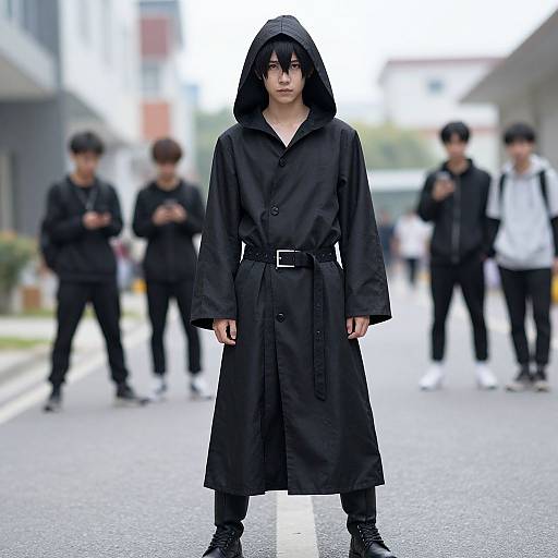 Photograph of a young Asian man in a black hooded coat, standing on a street, with blurred background and four other similarly dressed individuals. Urban