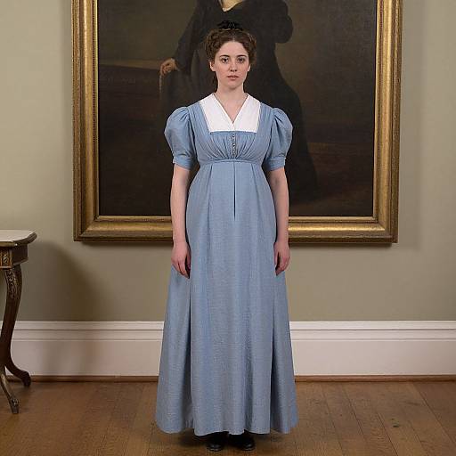 Photograph of a woman in a blue Victorian dress with white collar, standing in front of a dark, framed painting, in a room with green walls