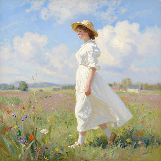 Photorealistic painting of a woman in a white dress and straw hat, walking in a colorful meadow with wildflowers under a bright blue sky with