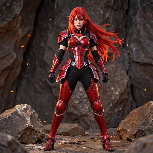 Digital artwork of a fierce, red-haired woman with red armor, standing confidently in a rocky, cave-like setting, with glowing embers.