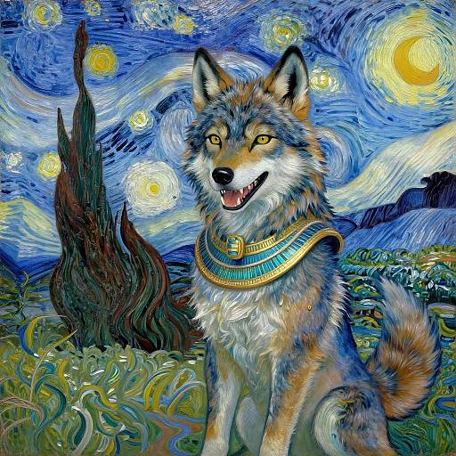 Digital artwork of a wolf with golden eyes, wearing an Egyptian collar, against a vibrant, swirling Starry Night-style blue and yellow sky.