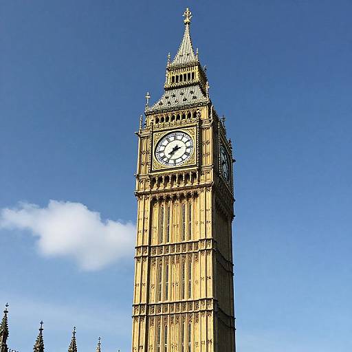 Photograph of the iconic Big Ben clock tower against a clear blue sky, with a small white cloud in the background.