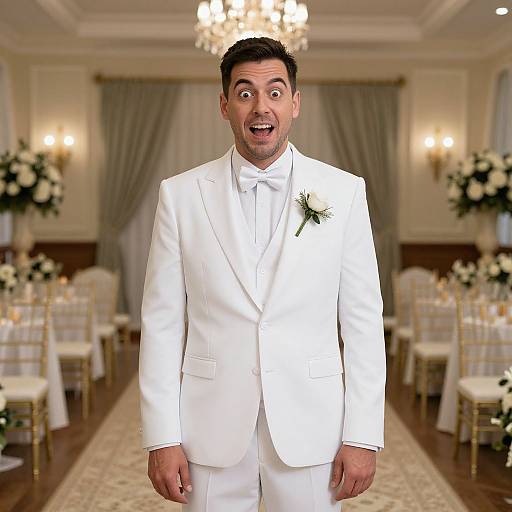 Photograph of a surprised groom in a white suit with a bow tie, standing in an elegant, decorated wedding reception hall.