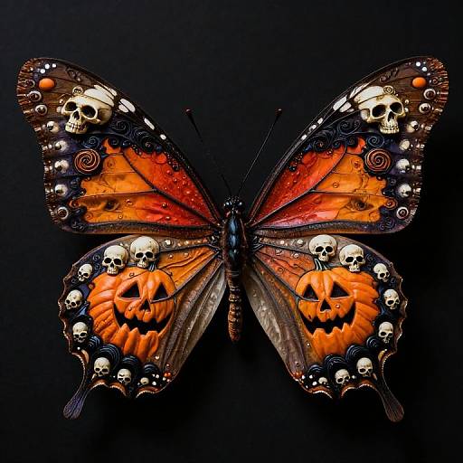Vividly colored butterfly with orange wings, adorned with skulls, jack-o'-lanterns, and white accents, set against a black background.