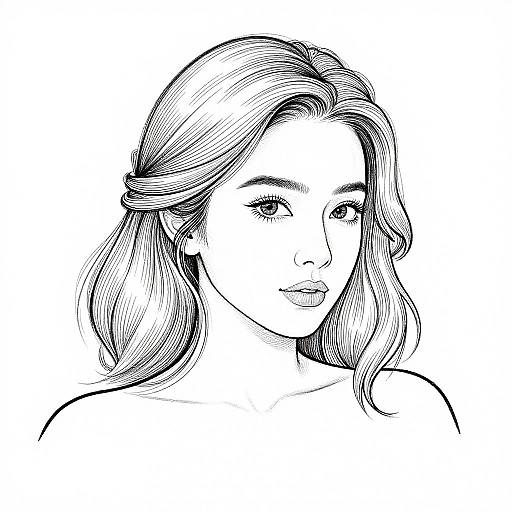 Black and white line drawing of a young woman with wavy hair, subtle eyebrows, and a neutral expression, shown from the shoulders up. Minimalist