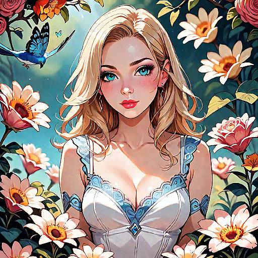 Floating Blonde Girl in Flower Garden
