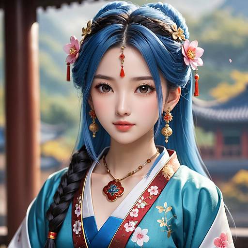 Photorealistic Blue-Haired Hanfu Upper-Body Portrait