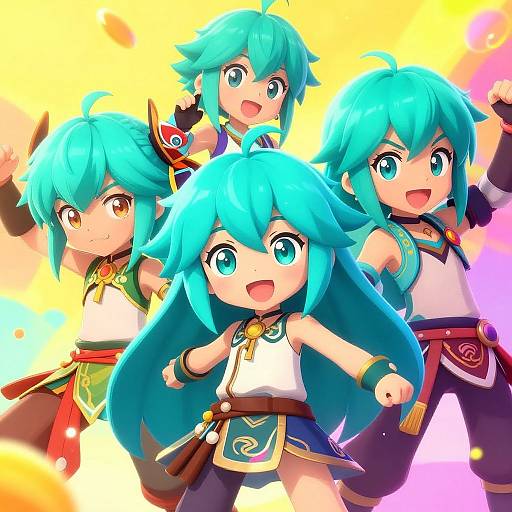 Vibrant anime-style digital illustration of four chibi characters with teal hair and large blue eyes, wearing colorful, detailed outfits, against a glowing yellow