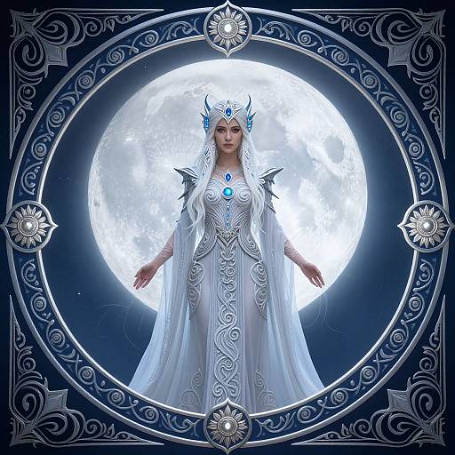 Digital art of a regal, white-haired woman in an ornate white gown with blue jewels, standing before a full moon, framed by a circular