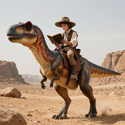 Photorealistic CGI: Young man in cowboy hat and vest, reading map, riding blue and orange dinosaur in desert with rocky cliffs.