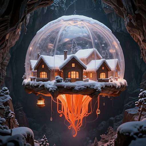 Fantasy CGI image of a snow-covered cottage inside a transparent dome, suspended by glowing orange tendrils, set in a dark, cave-like forest.
