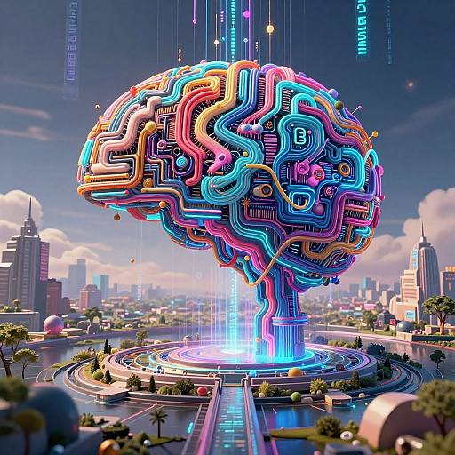 Digital artwork of a neon, circuit-like city tree with vibrant blue, pink, and yellow lights, towering over a futuristic cityscape.